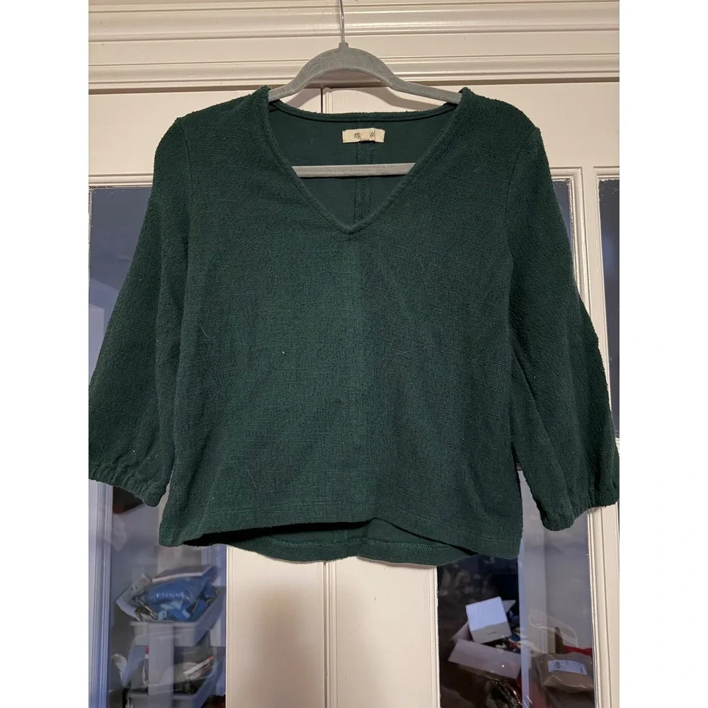 Madewell Forest Green Textured V-Neck Puff Sleeve Knit Top Small